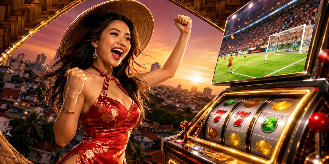Người chơi slot game High Roller tại Buôn Ma Thuột với trang phục nón lá truyền thống