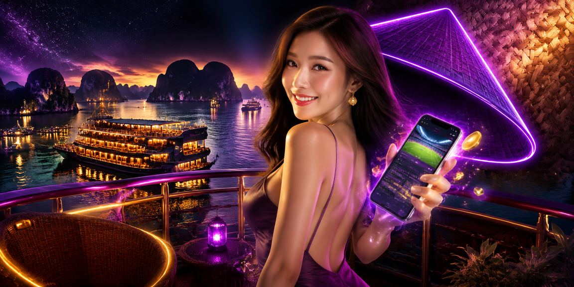 Người dùng dùng điện thoại chơi casino nhìn ra vịnh Hạ Long