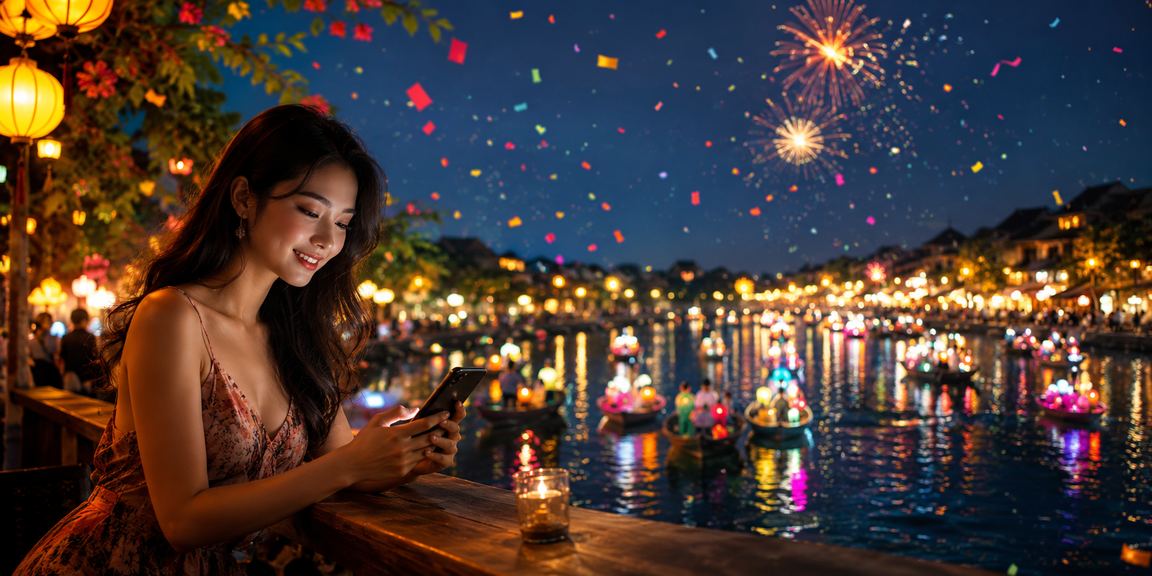 Người dùng truy cập oke88 trên điện thoại tại quán cà phê Hội An