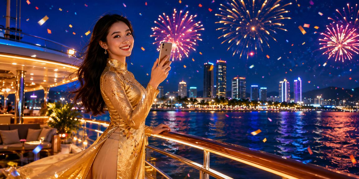 Người dùng mặc áo dài tra kết quả xổ số trên điện thoại tại Nha Trang